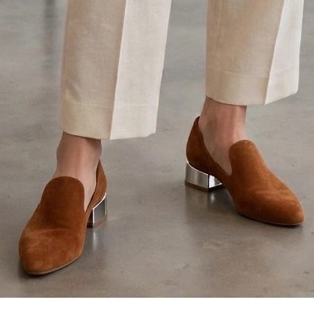 Deltan Womens Brown Suede Cutout Loafers Square Toe Metallic Block Heel Flats